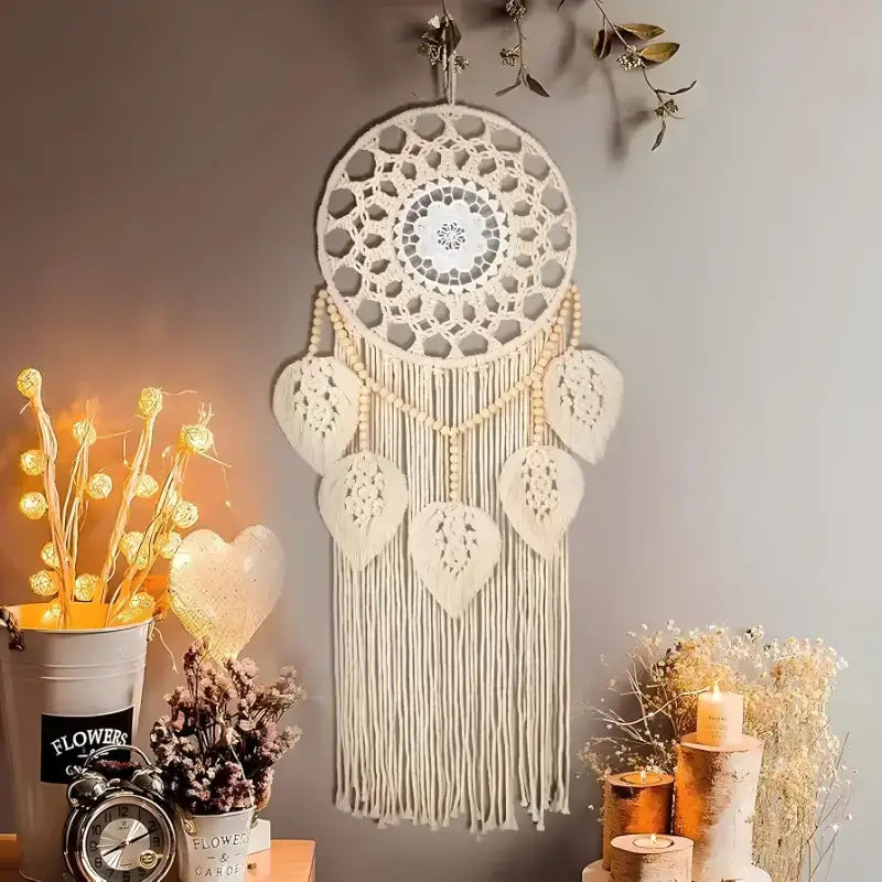 Boho Leaf Macramé Dreamcatcher – Natural Cotton Wall Hanging