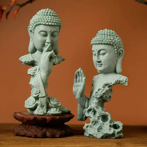 Zen Buddha Statue Set – Blessing & Silence Sandstone Resin Decor