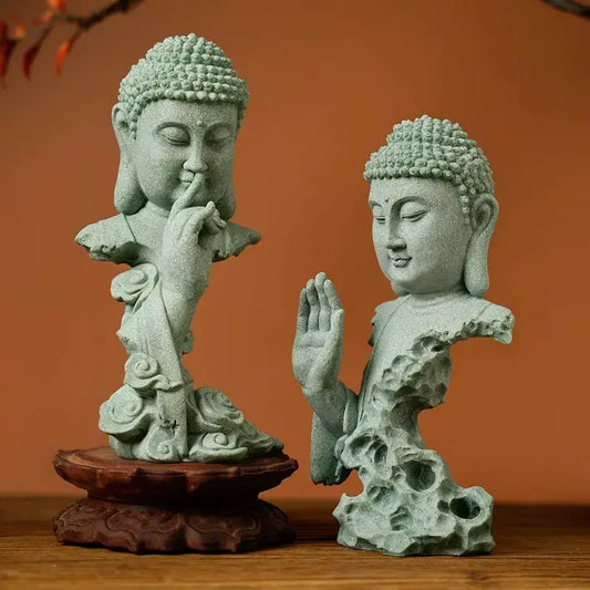 Zen Buddha Statue Set – Blessing & Silence Sandstone Resin Decor