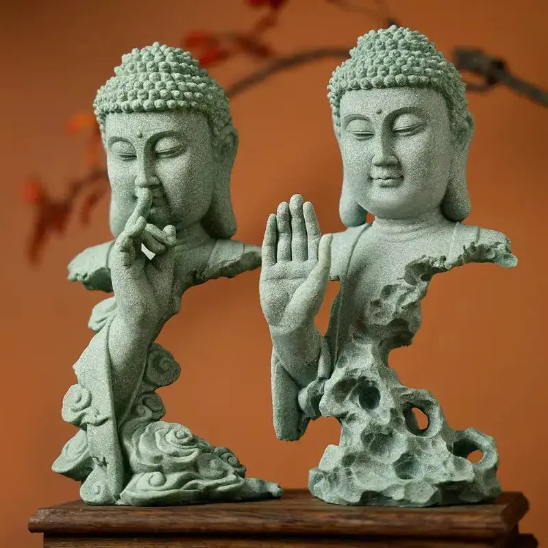 Zen Buddha Statue Set – Blessing & Silence Sandstone Resin Decor