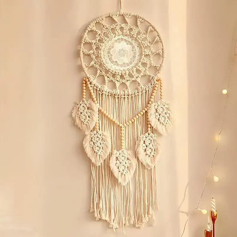Boho Leaf Macramé Dreamcatcher – Natural Cotton Wall Hanging