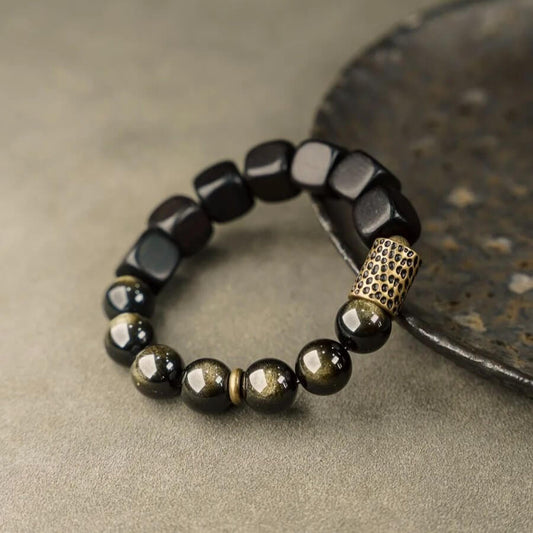 Kham - Golden Obsidian, Ebony Wood, Hand - Hammered Copper, and Bronze Bracelet - OutletMystic