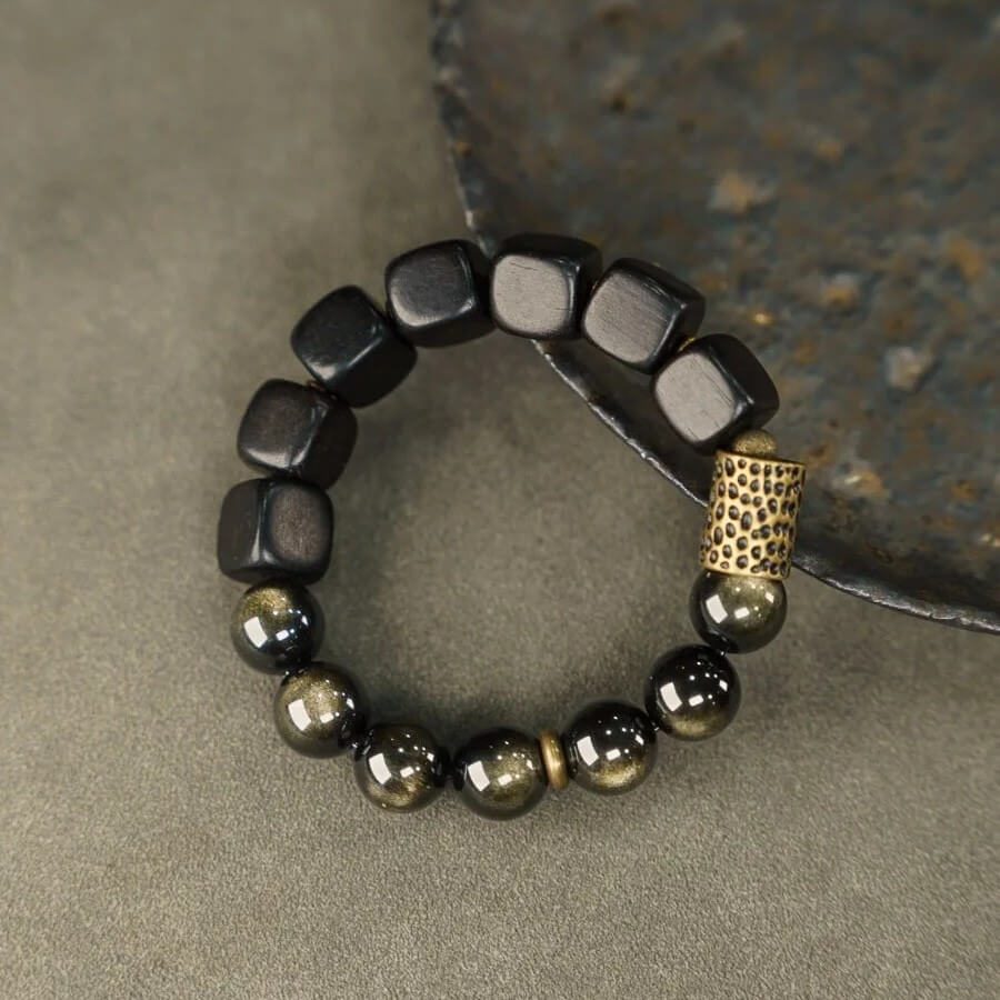 Kham - Golden Obsidian, Ebony Wood, Hand - Hammered Copper, and Bronze Bracelet - OutletMystic