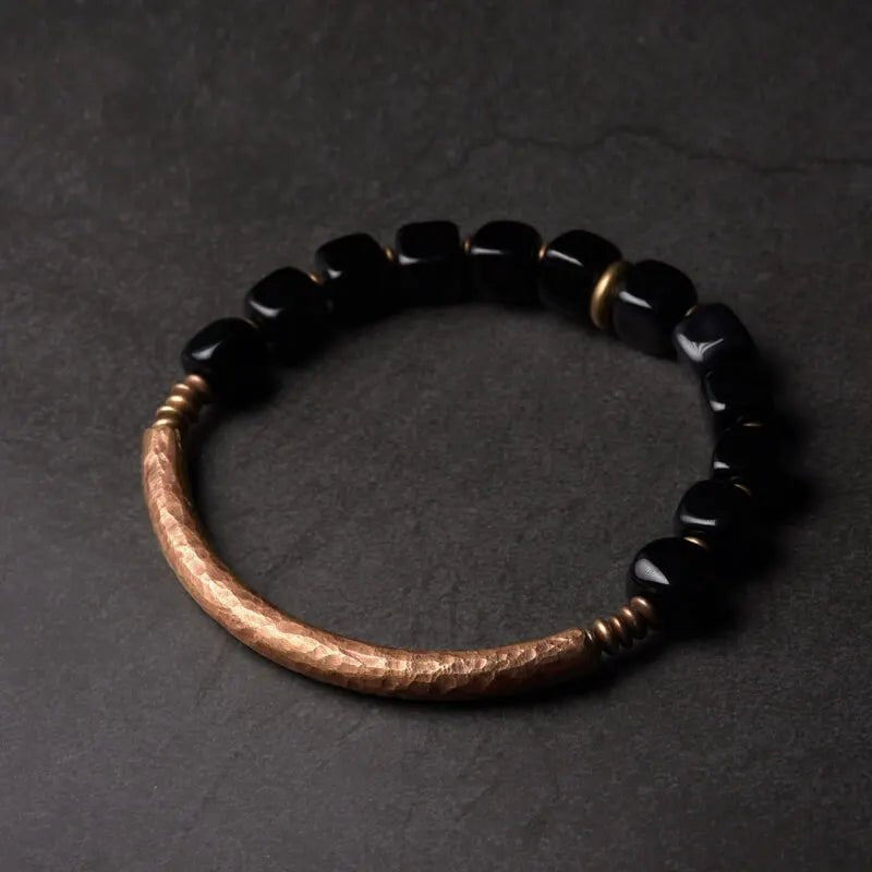 Maha - Hand - Hammered Copper and Black Obsidian Bead Bracelet - OutletMystic