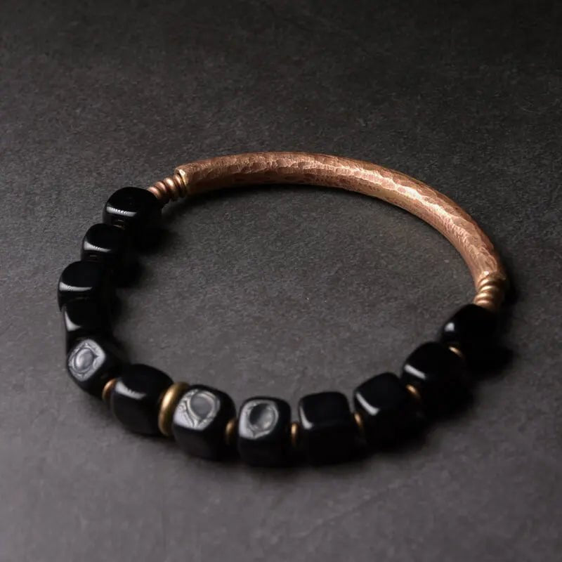 Maha - Hand - Hammered Copper and Black Obsidian Bead Bracelet - OutletMystic