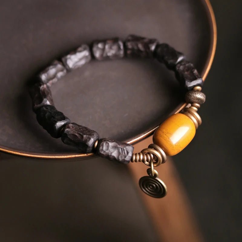 Nima - Hand Carved Ebony Wood, Yellow Jade and Copper Bracelet - OutletMystic