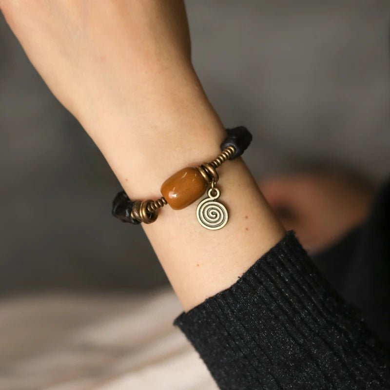 Nima - Hand Carved Ebony Wood, Yellow Jade and Copper Bracelet - OutletMystic