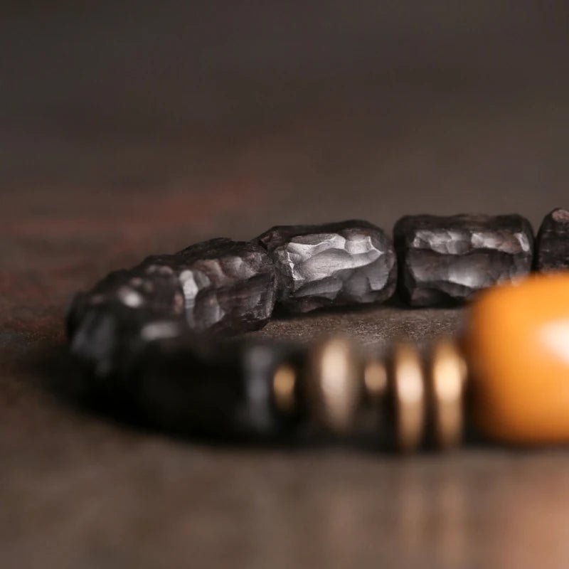 Nima - Hand Carved Ebony Wood, Yellow Jade and Copper Bracelet - OutletMystic