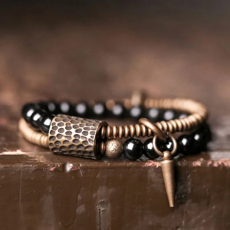 Yumi - Bracelet Rainbow Black Obsidian Beads, Hammered Brass and Copper - OutletMystic