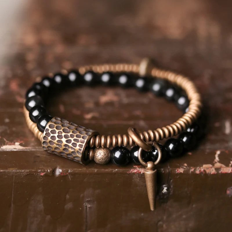 Yumi - Bracelet Rainbow Black Obsidian Beads, Hammered Brass and Copper - OutletMystic